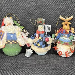 Roly Poly Christmas Ornaments Lot Of 3 Cloth Mache Snowman Santa Moose